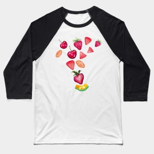 Watercolor Fruits splash, strawberries, cherries, watermelon slices Baseball T-Shirt